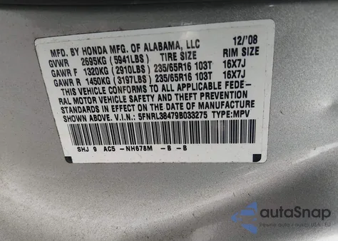 2009 Honda Odyssey Ex from USA, damaged, VIN 5FNRL38479B033275
